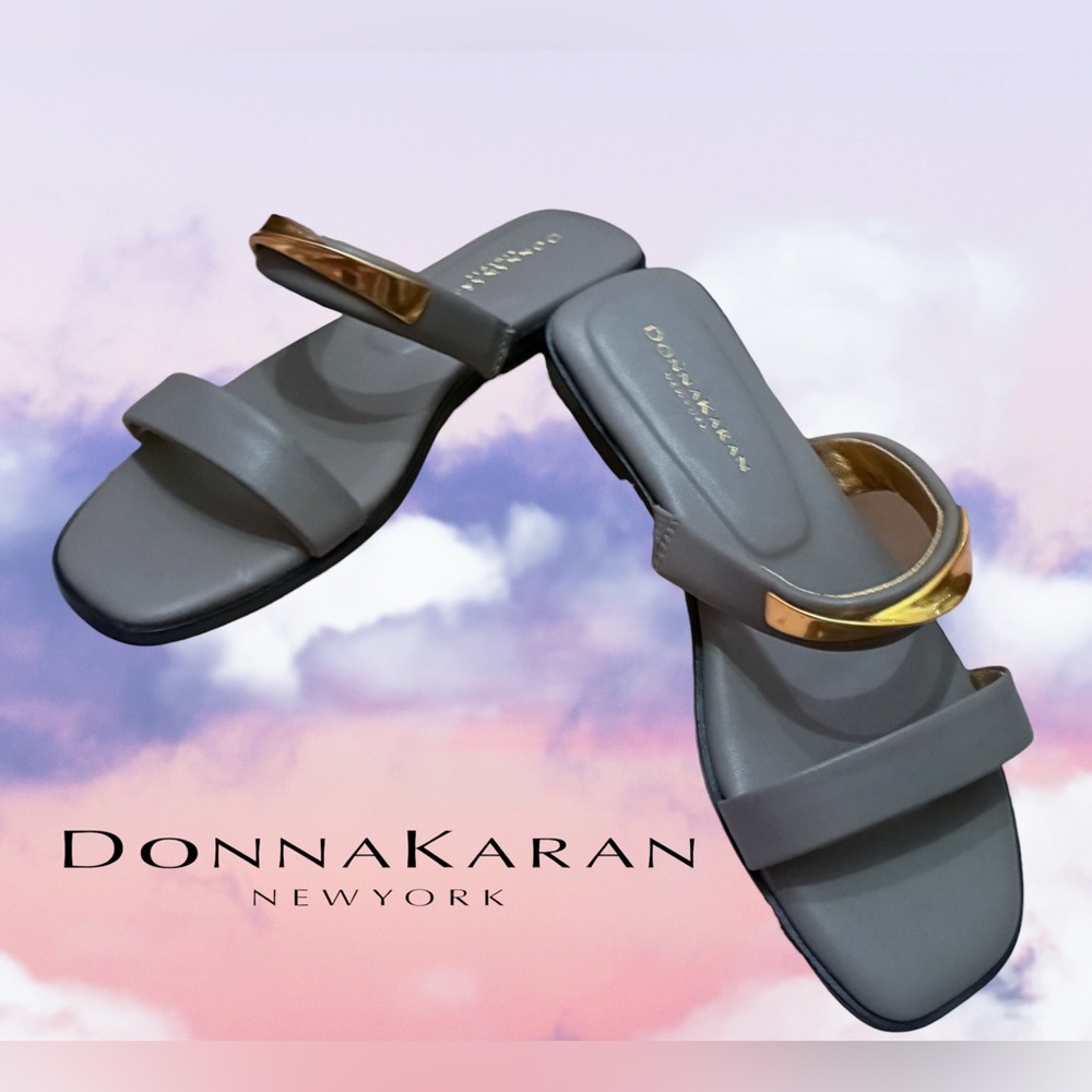 Donna Karan NY sz 7.5 Harmoni Gray Leather Double Band Slide Flat Sandals NEW!